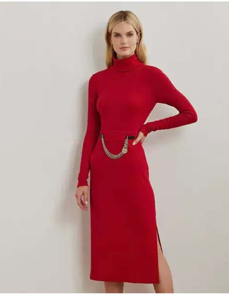 Nwt $165 Ralph Lauren Chain-Trim Rib-Knit Turtleneck Dress - Festive Red 16
